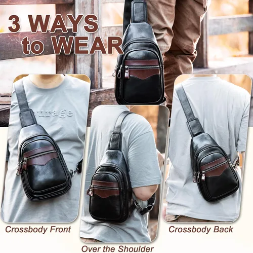 Vista 3 de Bolso bandolera de cuero genuino para hombres y mujeres, bolso de hombro cruzado, mochila de pecho, bolso de mano casual