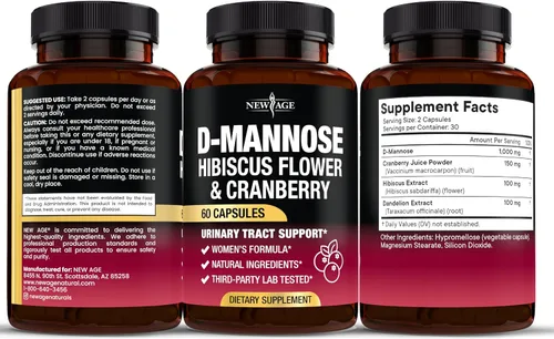 Vista 7 de NEW AGE D-manosa con arándano e hibisco - Alta resistencia para la salud del tracto urinario - Suplemento para mujeres - Soporte de vejiga, hígado