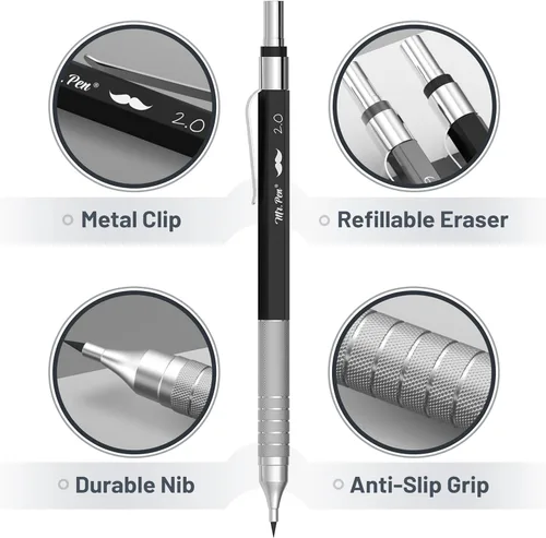 Vista 3 de Mr. Pen - Juego de lápices mecánicos de metal con recambios de plomo y borradores, paquete de 5 5 Sizes, 0.3, 0.5, 0.7, 0.9 & 2mm, 6x Tubes HB