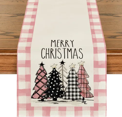 Vista 11 de Artoid Mode Acuarela a Cuadros Buffalo Árboles de Navidad Feliz Navidad Camino de Mesa, Decoración de Mesa de Cocina y Comedor de Temporada