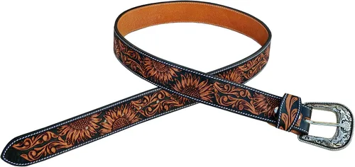 Vista 4 de Western Cuero Genuino Girasol Floral Tooled Casual Jeans Cinturón Con Hebilla Removeable 30AB101