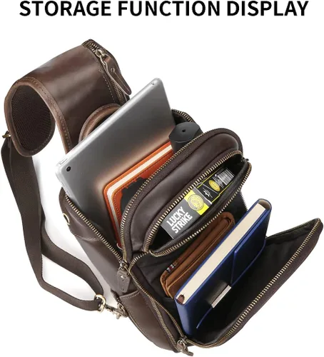 Vista 3 de Mochila retro de cuero de vaca real para hombre, mochila para iPad de 11 pulgadas, Marrón, Cabestrillo