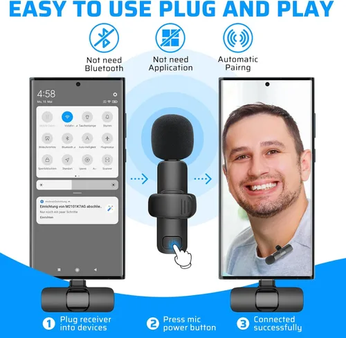 Vista 2 de Micrófono Lavalier inalámbrico dual para iPhone, iPad, perfecto para videoconferencias, grabación y transmisión en vivo