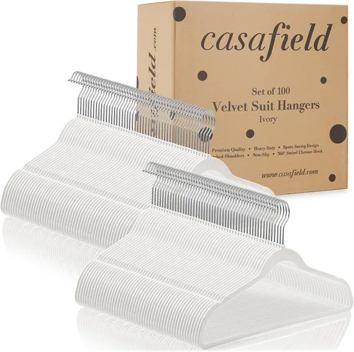 Vista 6 de Casafield 100 perchas de terciopelo marfil para trajes, ahorro de espacio, antideslizante y gancho giratorio para ropa, abrigos, pantalones