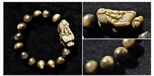 Vista 6 de Pulsera Feng Shui Pixiu Pulsera de dragón de la buena suerte Dije de piedra de energía natural de obsidiana dorada Joyería de pareja Obsidiana