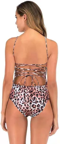 Vista 2 de CYee Traje de baño sexy de leopardo para mujer, con control de abdomen, traje de baño de una pieza, sin espalda
