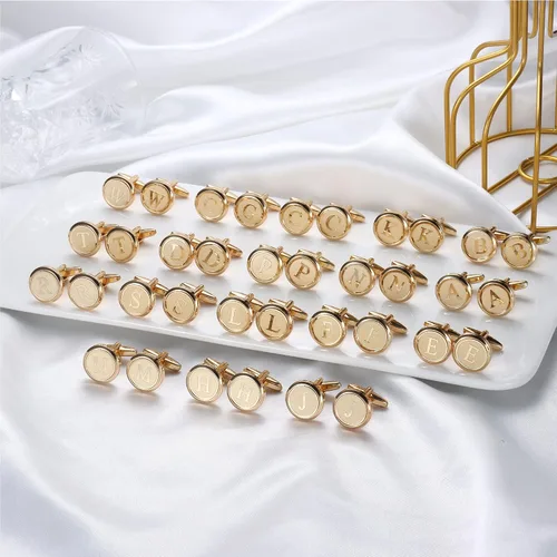 Vista 5 de LOYALLOOK Gemelos de oro con inicial para hombre, gemelos de cobre personalizados, gemelos de letra, regalo para novio, marido, padre, novio