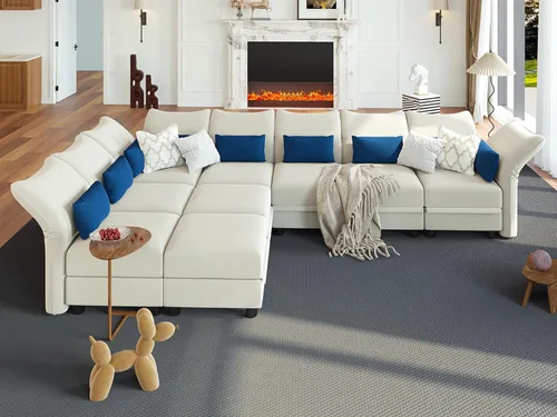 Vista 11 de LLappuil Sofá modular de terciopelo en forma de L con almacenamiento, sofá moderno de 5 plazas de 127.8 pulgadas con diván, sofás reclinables de Azul