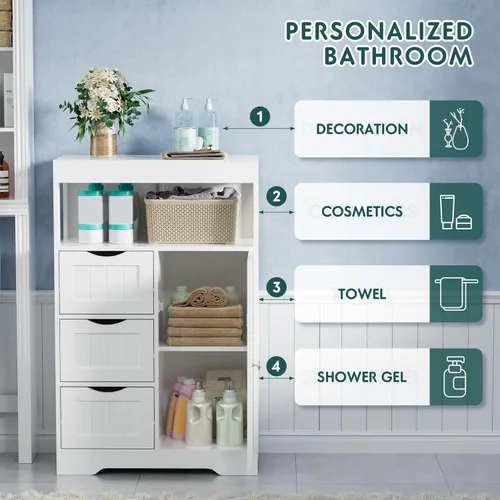 Vista 5 de JUMMICO Armario de suelo de baño, organizador de almacenamiento independiente de madera con 1 puerta y 3 cajones, armario de almacenamiento de baño