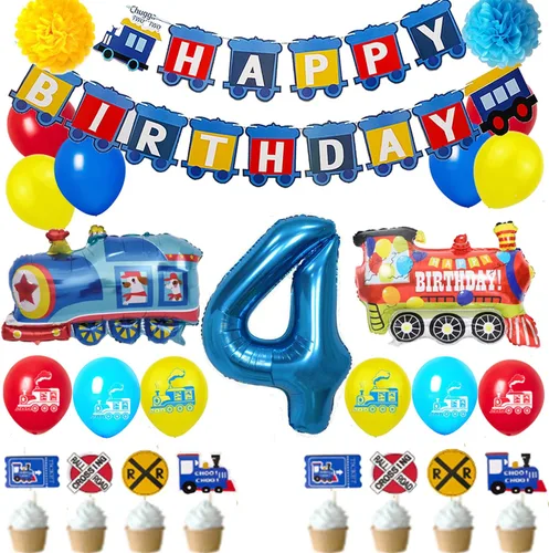 Vista 5 de Tren - Decoraciones de primer cumpleaños para niños, suministros de fiesta de cumpleaños de 1 año con globos de aluminio número 1, globos de látex