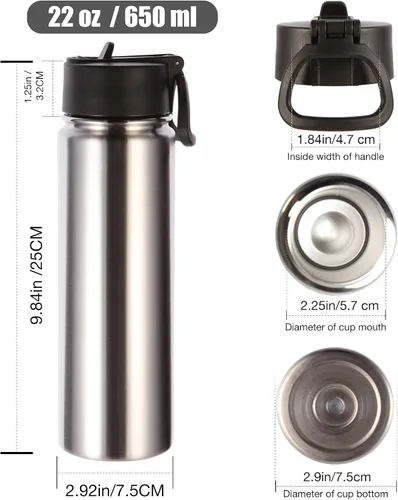 Vista 2 de Volhoply Botellas de agua aisladas de 22 onzas con tapa con popote, botella deportiva de acero inoxidable con asa, vasos de agua de viaje de metal