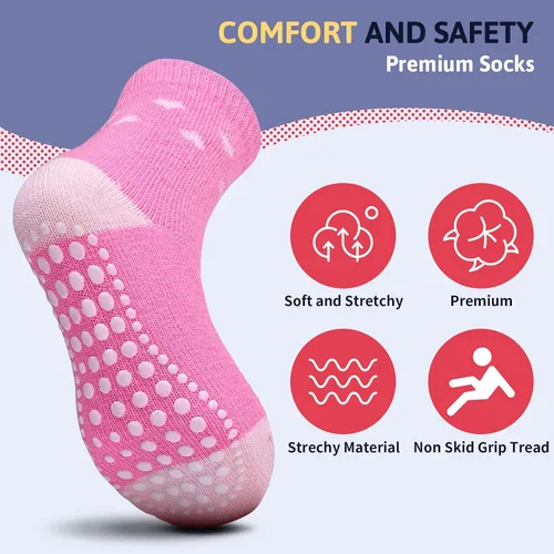 Vista 2 de Sosenfer Calcetines antideslizantes para niños pequeños con pinzas, 5-10 pares de calcetines antideslizantes para bebés de 1 a 7 años, hechos
