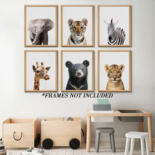 Vista 3 de EPHANY Pósteres y Impresiones de Animales de Safari para Bebés, Pintura sobre Lienzo para Guardería, Arte de Pared con Elefante, Tigre, Ciervo, Oso