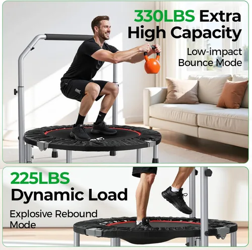 Vista 4 de BCAN SP2 - Mini trampolín plegable de 40/48 pulgadas, carga máxima de 330 libras/440 libras, rebote de fitness con mango de espuma ajustable
