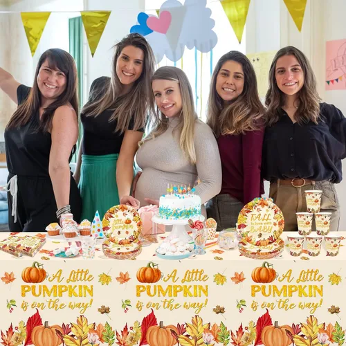 Vista 6 de El juego de decoraciones de baby shower de calabaza pequeña sirve 30, platos y servilletas de baby shower con temática de otoño, baby shower