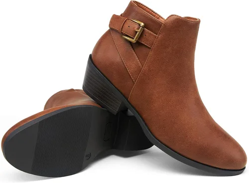 Vista 7 de VEPOSE botas al tobillo para mujer con tacón bajo y grueso, con perforaciones, botas de vaquero