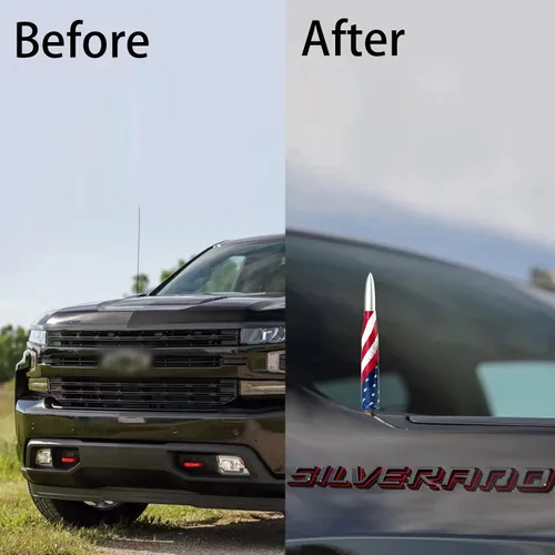 Vista 5 de Antena de bala Calibre 50 para auto y camión con diseño de bandera americana Compatible con Ford F150 F250 F350, Dodge RAM 1500, Chevy Silverado