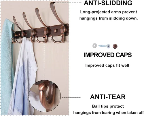 Vista 7 de Dseap - Perchero para pared, 5 ganchos triples, resistente, acero inoxidable, riel de gancho de metal para abrigos, sombreros, toallas, bolsos Cobre