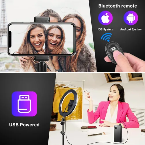 Vista 4 de Anillo de luz de 10.3 pulgadas con trípode y soporte para iPad para teléfono, anillo de luz para selfie con 51 modos de color, iluminación circular