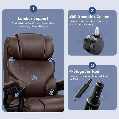 Vista 7 de Office Chair, Ergonomic Big and Tall 500lbs Computer Desk Chairs, Heavy Duty Executive Breathable Leather Chair with Adjustable High Back, Lumbar