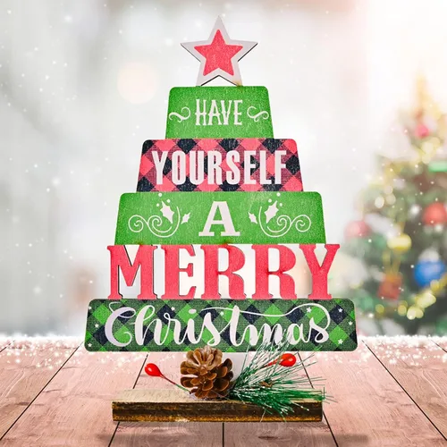 Vista 2 de Decoración de mesa de Navidad de madera, decoración de mesa de Navidad, decoración de árbol de Navidad de pie de madera, adornos de Navidad 2022