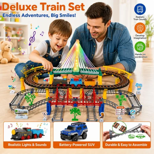 Vista 2 de Juego de tren eléctrico para niños de 5 a 8 años, 2 en 1, pistas de doble capa con puente iluminado y sonidos realistas, juguete de construcción