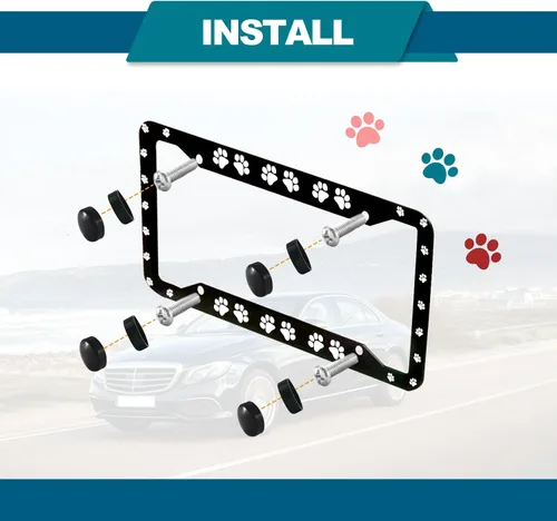 Vista 5 de Marco de placa con huellas de pata - 2 piezas de placa de matrícula personalizada de aluminio para automóvil con cubierta de huellas de pata
