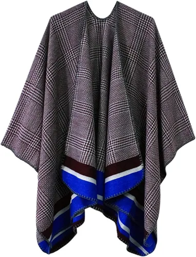 Vista 24 de Chal estilo poncho de frente abierta con patrón vintage para mujer, abrigo de invierno Serie 15-negro