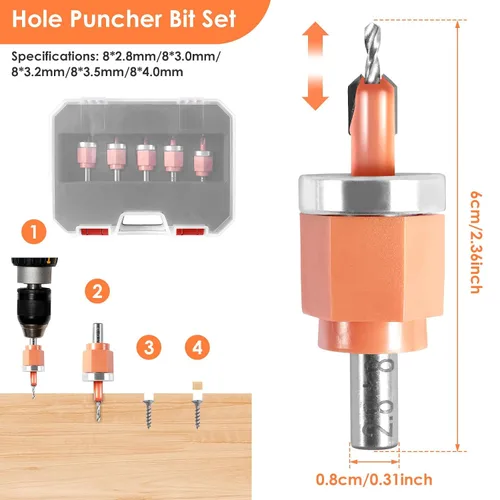 Vista 4 de Juego de 5 brocas avellanadas de límite con perforador, kit de brocas avellanadas ajustables profundas, broca avellanada de madera de vástago
