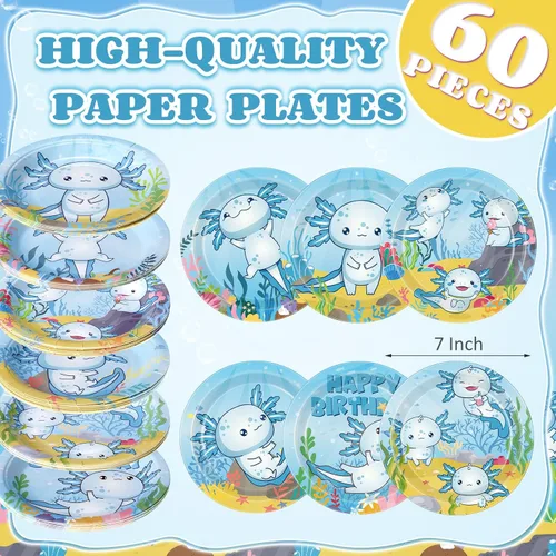 Vista 3 de Gerrii 60 platos de papel para fiesta de cumpleaños de ajolote azul de 7 pulgadas, decoraciones de ajolote azul, platos desechables para cenas