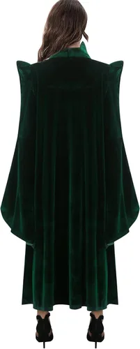 Vista 3 de CUSFULL Bata de bruja para mujer, capa de terciopelo verde, capa de maga, disfraz de hechicera, trajes de fiesta de Halloween