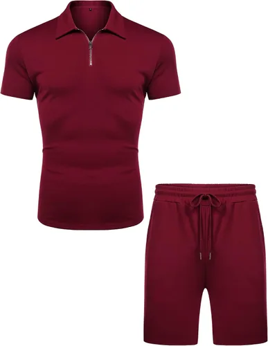 Vista 2 de URRU Conjunto casual de polo y pantalones cortos de manga corta para hombre conjunto de dos piezas conjunto deportivo con cremallera para hombre