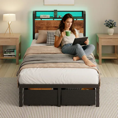 Vista 9 de Furnulem Base de cama individual con 2 cajones de almacenamiento y estación de carga, base de cama de plataforma individual con cabecero y luces