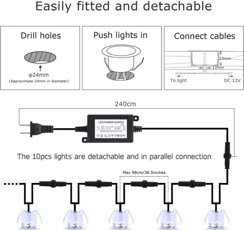 Vista 5 de Lixada Kit de luces LED empotrables para terraza, luz de paisaje al aire libre, IP67, impermeable, bajo voltaje, para patio al aire libre blanco