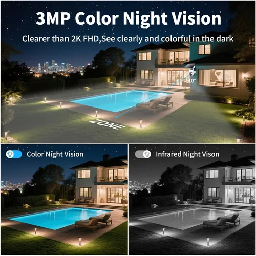 Vista 7 de Cámara inalámbrica de seguridad solar de 3 MP con visión de 360 ° con batería solar, cámara WiFi con detección de movimiento AI/conversación de 2
