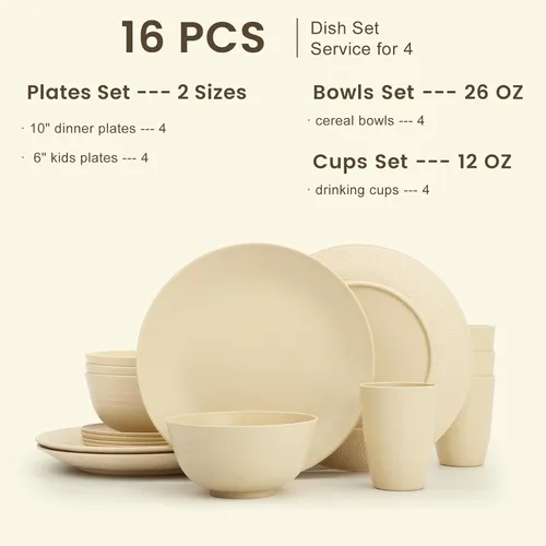 Vista 2 de Homienly Juegos de Vajilla Premium de Paja de Trigo, Platos y Tazones Ligeros e Irrompibles, Tazas, Servicio para 4, Apto para Lavavajillas