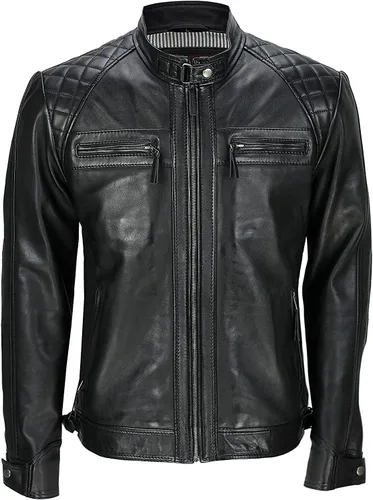 Vista 2 de Chaqueta de cuero vintage con hombros acolchados, estilo retro, clásico, con diamantes desgastados, para motocicleta, Cafe Racer