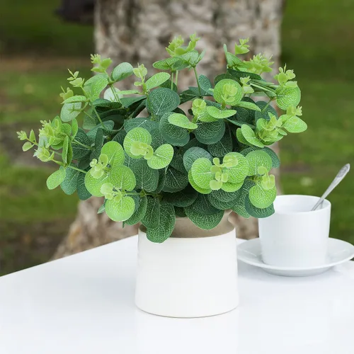 Vista 2 de Enova - Plantas artificiales de eucalipto artificiales en maceta de cerámica para decoración del hogar, oficina, jardín
