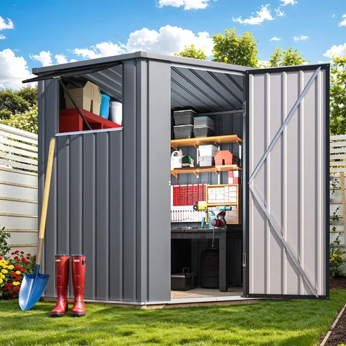 Vista 34 de AECOJOY Cobertizo de almacenamiento de metal para exteriores de 3 x 5 pies, cobertizo de herramientas de jardín resistente con puerta de gran