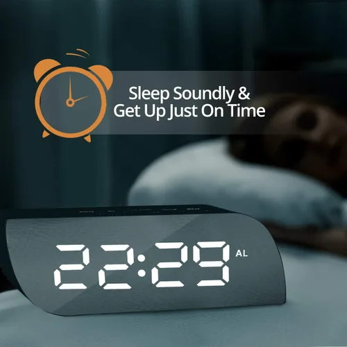 Vista 5 de Betus Reloj despertador digital estético, superficie de espejo, modo nocturno con atenuación, pantalla LED de dígitos grandes, fácil repetición
