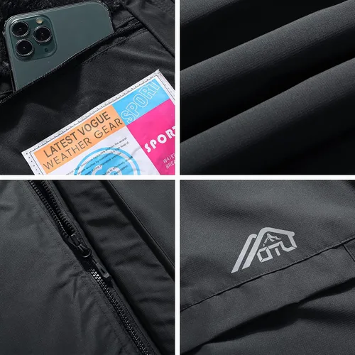 Vista 5 de OTU Chaqueta de esquí impermeable para hombre, rompevientos, para invierno, con capucha, para nieve, montaña, Gris-oscuro