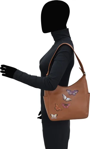 Vista 2 de Anuschka Hobo clásico de cuero curtido vegetal genuino pintado a mano para mujer con bolsillos laterales Mariposas Miel