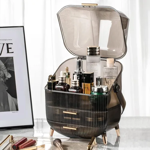 Vista 4 de CANITORON Organizador de maquillaje, organizador de cuidado de la piel de gran capacidad para tocador, organizador de cosméticos con 2 cajones