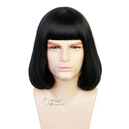 Vista 2 de Peluca unisex negra con flequillo plano, peluca de cabello negro corto y Negro Bob-Short