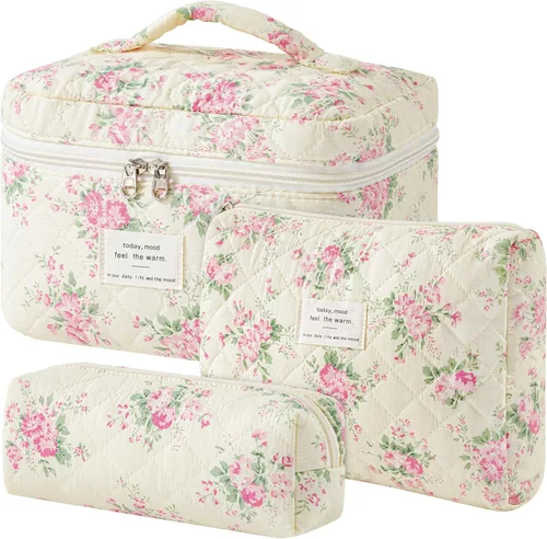 Vista 36 de HBselect Bolsa de Maquillaje Acolchada, 3 Piezas de Gran Bolsa de Maquillaje de Viaje de Algodón, Linda Bolsa de Maquillaje Floral Coquette, Bolsa