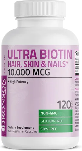 Vista 5 de Bronson Ultra Biotina 10,000 Mcg Suplemento para Cabello, Piel y Uñas, Sin GMO, 120 Cápsulas Vegetarianas Una vez al día, apoyo al metabolismo