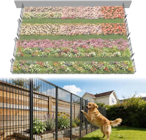 Vista 81 de FXW Valla de jardín al aire libre para el patio, 17 pulgadas de alto x 29.3 pies de largo, barrera de metal resistente para animales, para perros