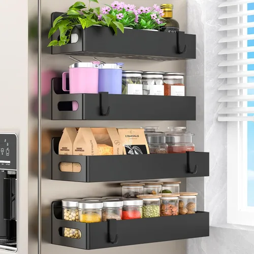 Vista 23 de HuggieGems Paquete de 4 organizadores magnéticos para especias para refrigerador y horno, organizadores negros para nevera y almacenamiento