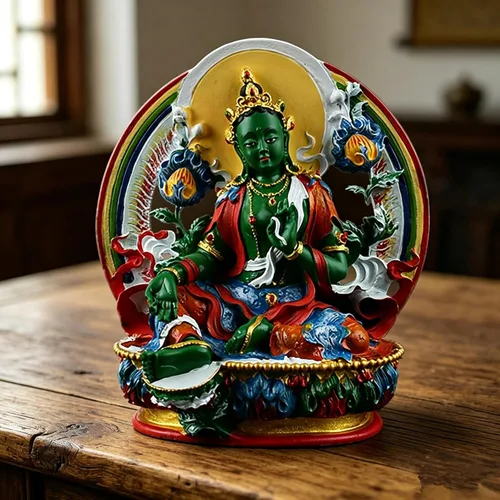 Vista 3 de Green Tara Buddha,Figura budista pequeña tántrica,Mango de resina hecho a mano plateado figura tibetana