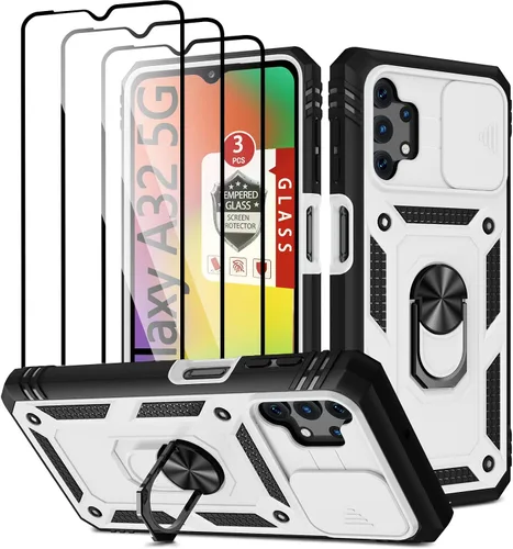Vista 11 de Funda para Galaxy A32 5G, para Galaxy A32 con 3 protectores de pantalla de vidrio templado con soporte integrado + cubierta de cámara, carcasa